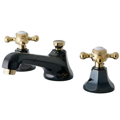 Kingston Brass NS4460BX Water Onyx Widespread Bathroom Faucet front view with gold cross handles and onyx finish.