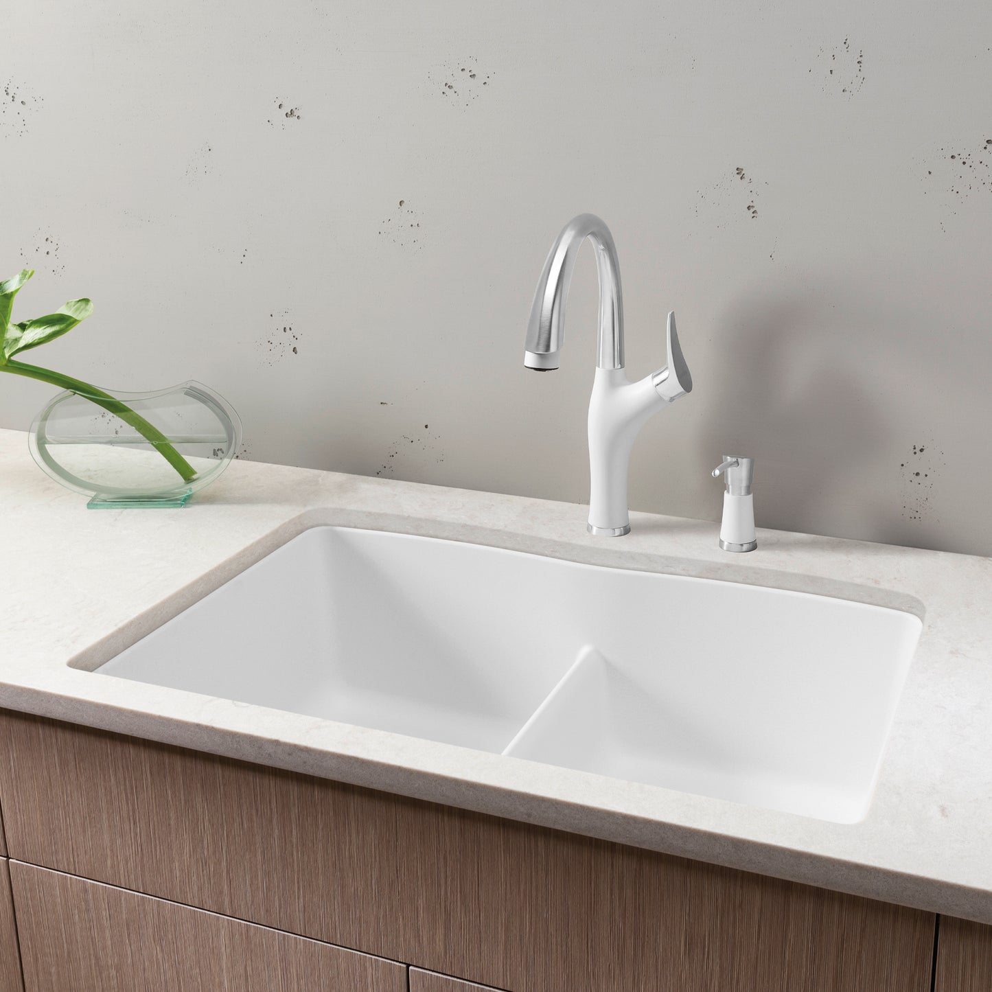 BLANCO Diamond SILGRANIT 32" 50/50 Double Bowl Undermount Kitchen Sink with Low Divide installed in modern kitchen.
