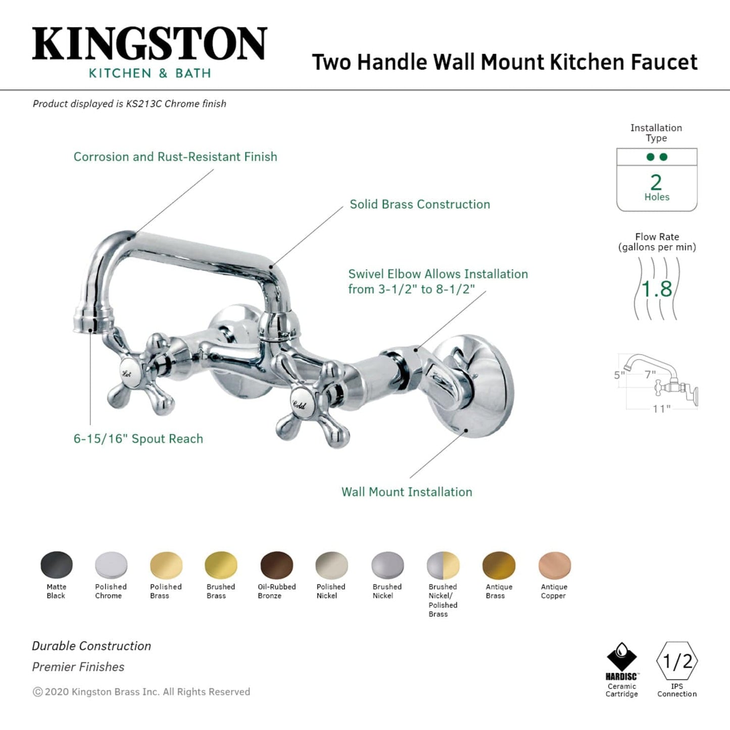 KINGSTON Brass Two Handle Wall Mount Kitchen Faucet - Matte Black