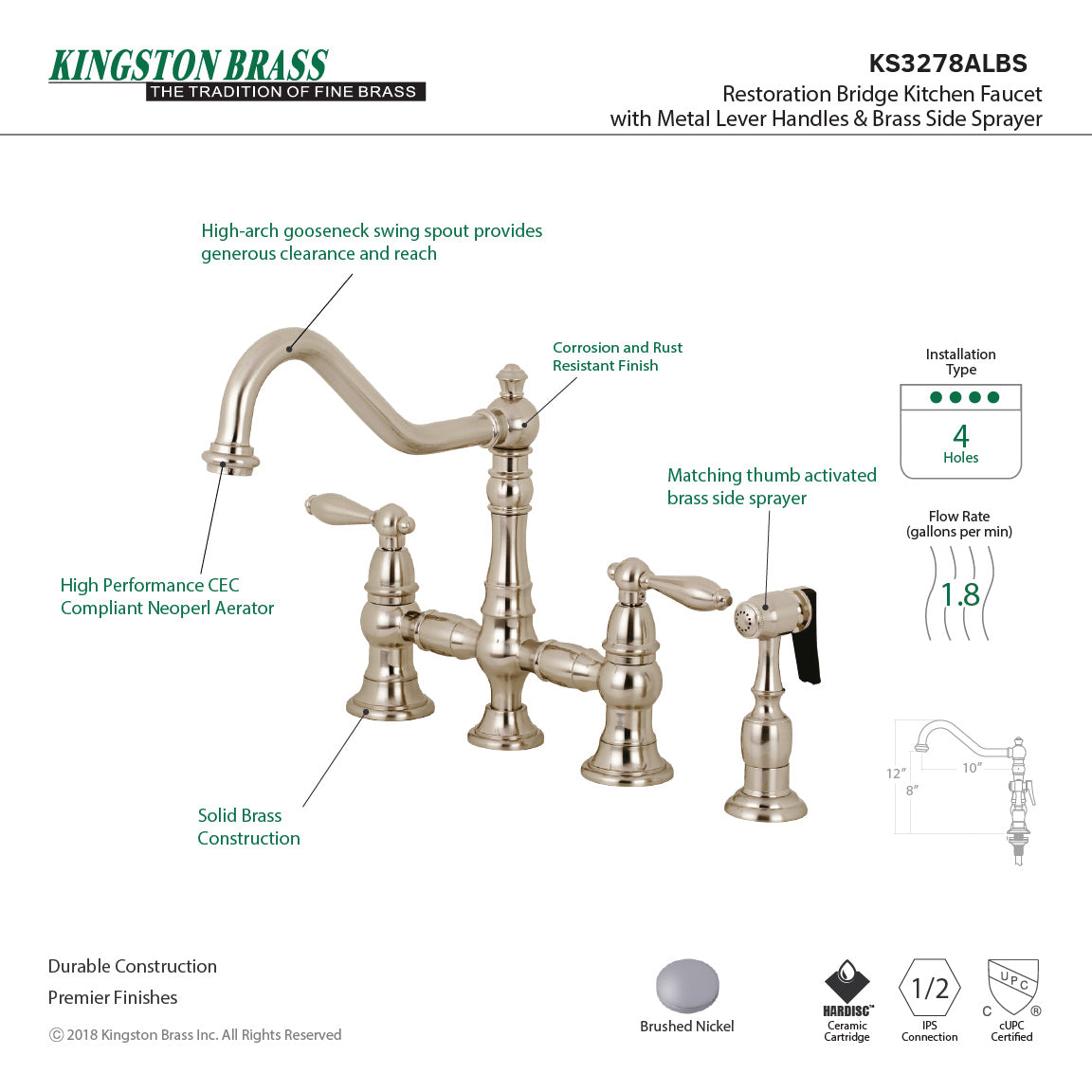 Kingston KS3277ALBS Restoration Bridge Kitchen Faucet with Brass Sprayer, Brushed Brass and matching brass side sprayer.