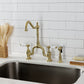 Kingston KS7753PLBS English Country Bridge Kitchen Faucet with Brass Sprayer, Antique Brass in a chic kitchen setting.
