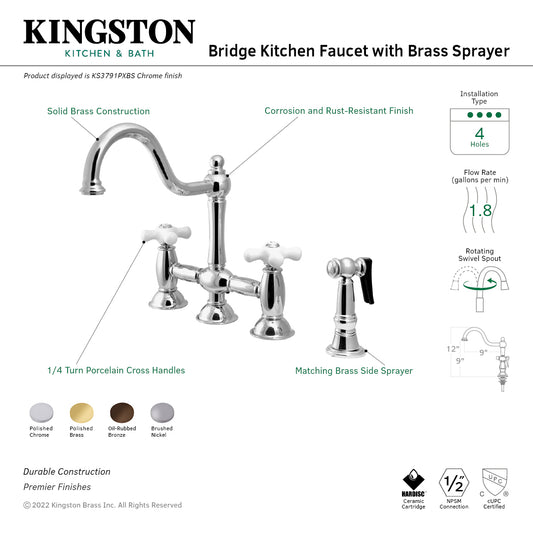 Kingston KS3795PXBS Restoration Bridge Kitchen Faucet with Brass Sprayer, Oil Rubbed Bronze