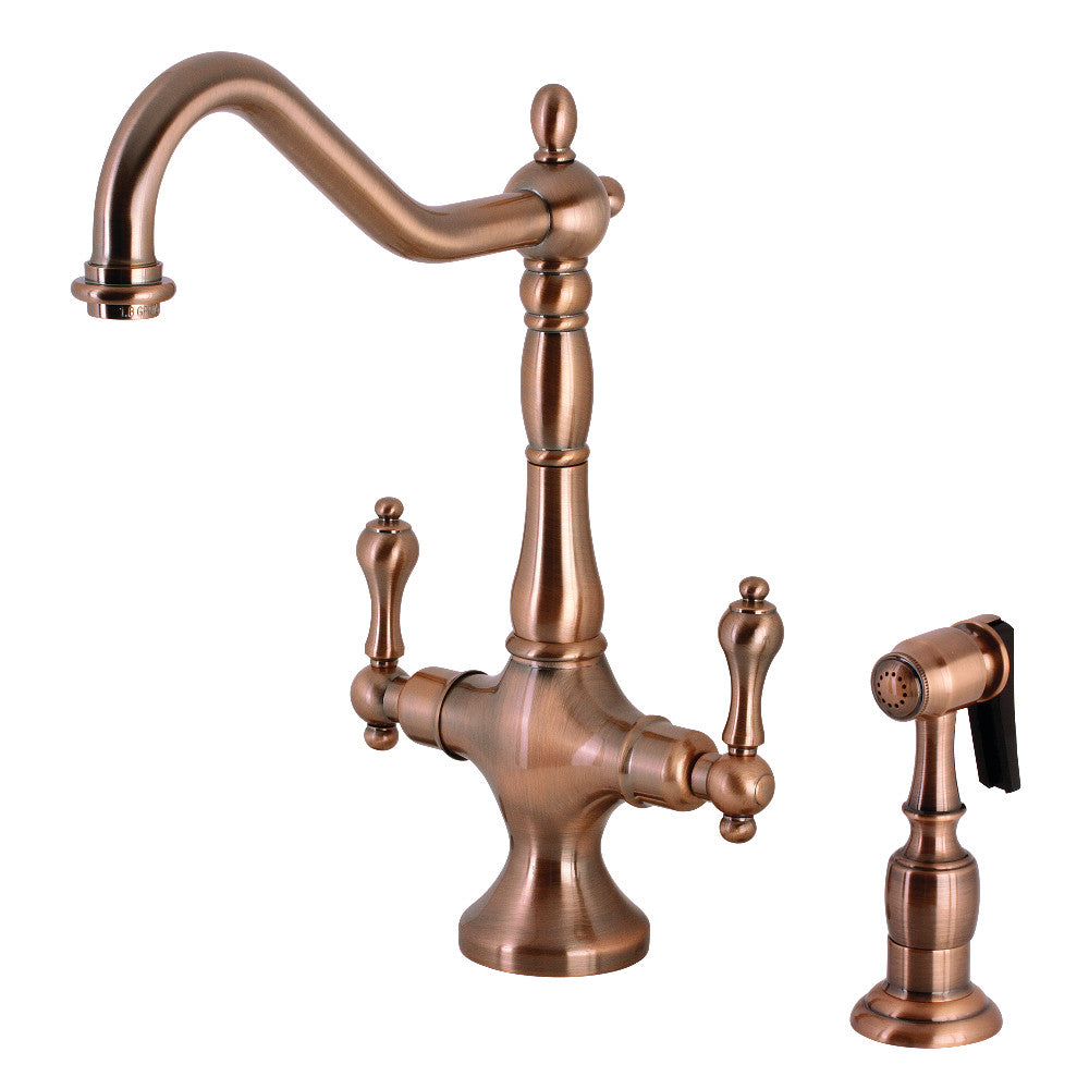 Kingston Brass KS1773ALBS Heritage Two-Handle Single-Hole Kitchen Faucet with Brass Sprayer, Antique Brass