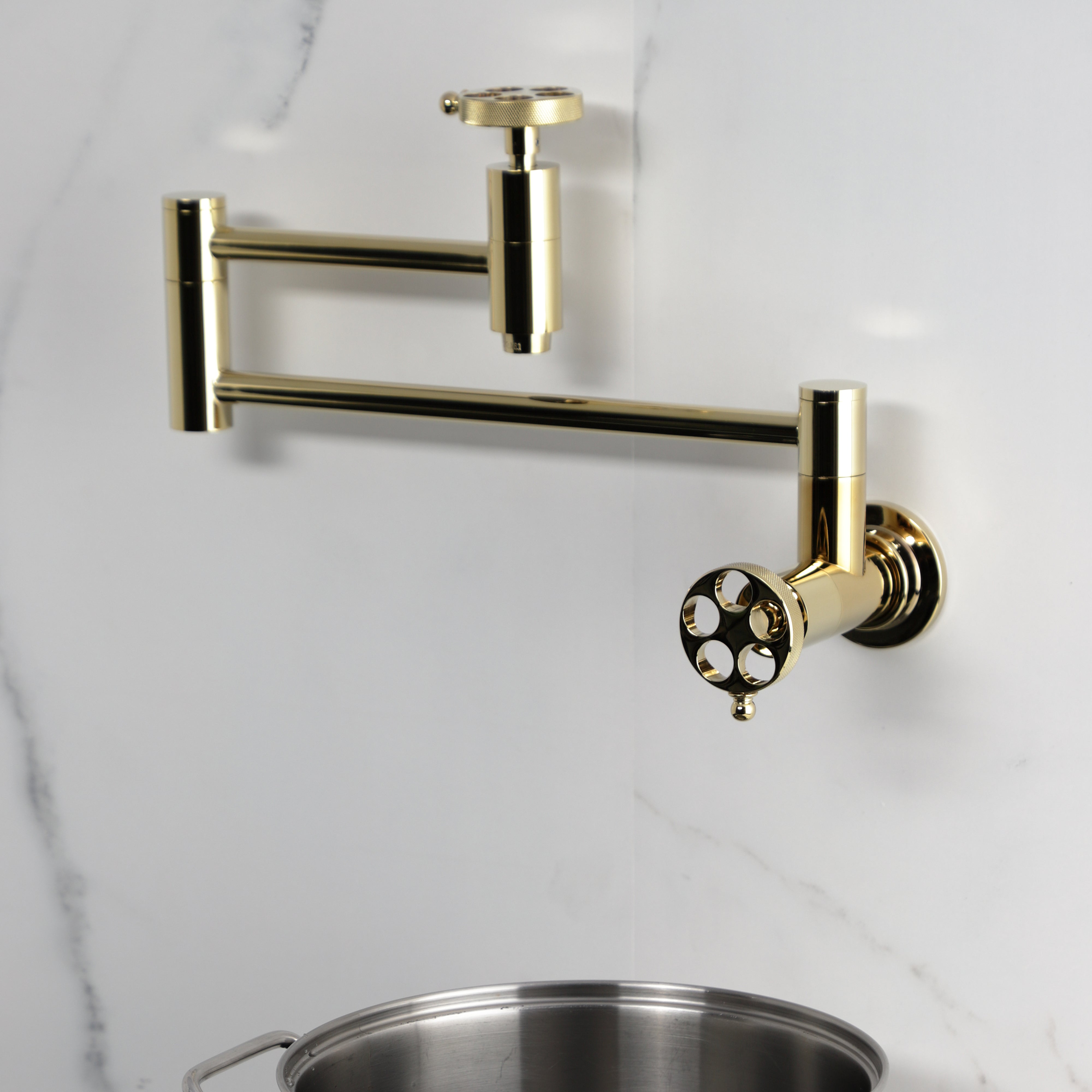 Kingston Brass KS8103RKZ Wendell Wall Mount Pot Filler Faucet with Knurled Handle, Antique Brass