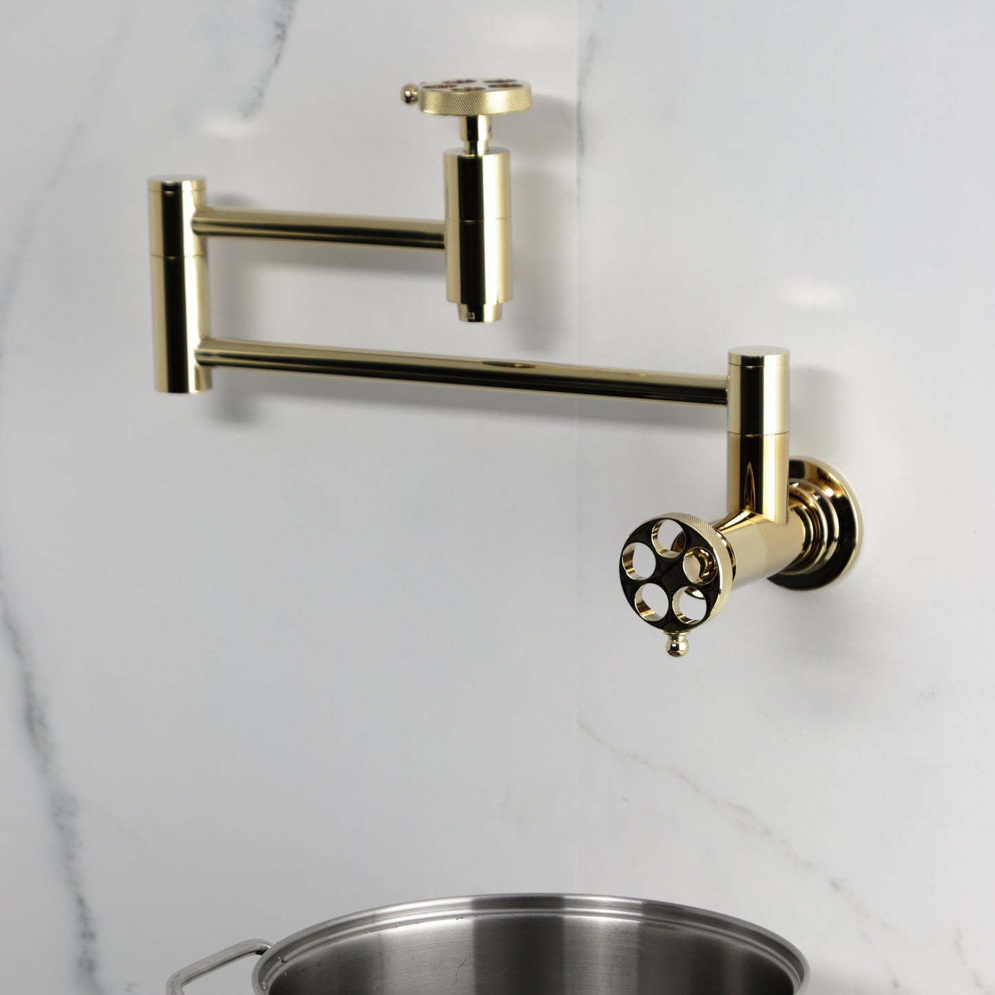 Kingston Brass KS8103RKZ Wendell Wall Mount Pot Filler Faucet with Knurled Handle, Antique Brass