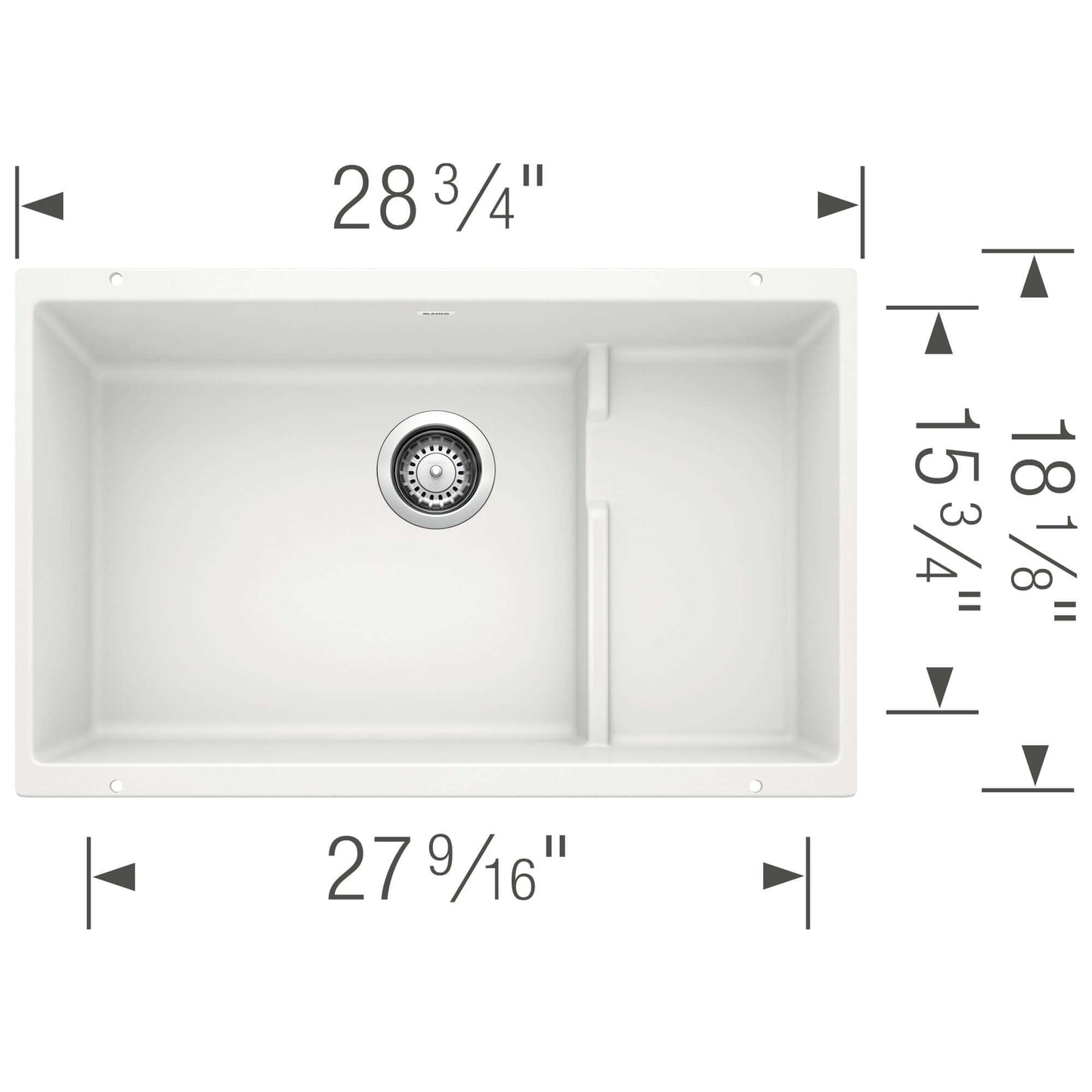 BLANCO Precis Cascade SILGRANIT 29" Single Bowl Undermount Kitchen Sink with Colander dimensions and design.