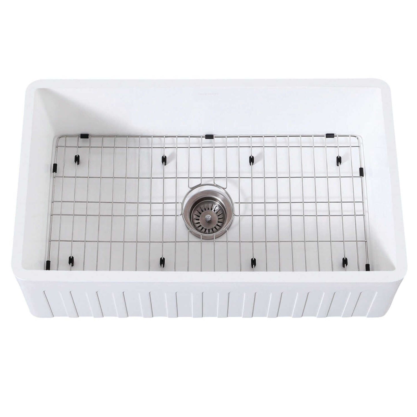 Top view of KINGSTON Brass Gourmetier 33" Farmhouse Kitchen Sink with Strainer and Grid - Matte White featuring grid and drain.
