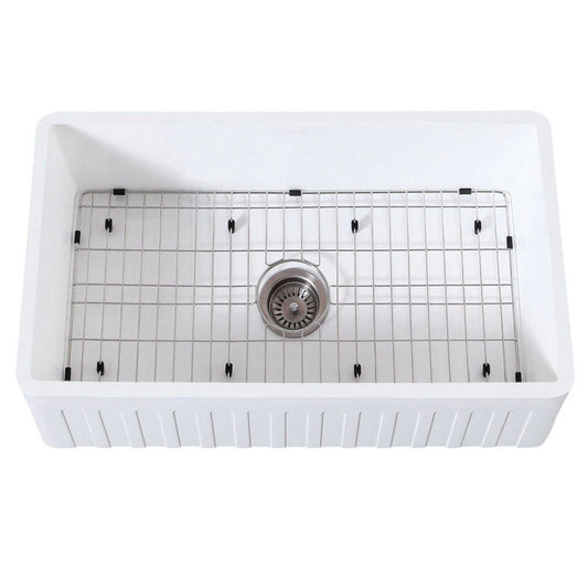 Top view of KINGSTON Brass Gourmetier 33" Farmhouse Kitchen Sink with Strainer and Grid - Matte White featuring grid and drain.