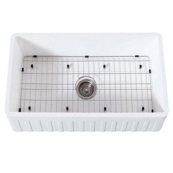 KINGSTON Brass Gourmetier 33 Farmhouse Kitchen Sink with Strainer and Grid - Matte White