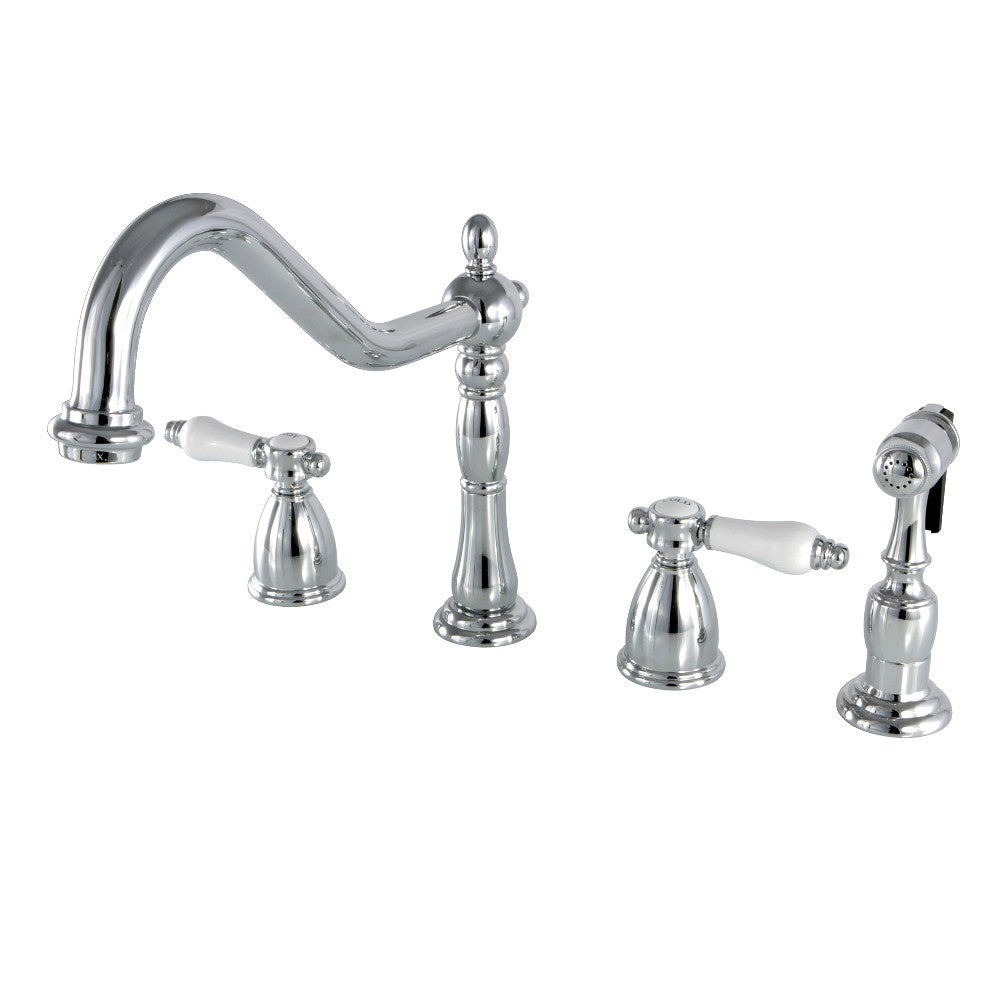 Kingston Brass KB1793BPLBS Bel-Air Double-Handle Widespread Kitchen Faucet with Brass Sprayer, Antique Brass