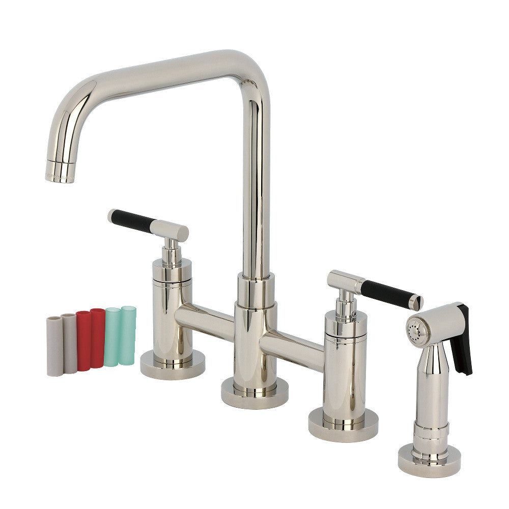Kingston KS8287CKLBS Kaiser Bridge Kitchen Faucet with Brass Sprayer, Brushed Brass, polished nickel finish.