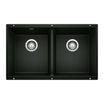 BLANCO Precis SILGRANIT 29" 50/50 Double Bowl Undermount Kitchen Sink in Coal Black with dual drains