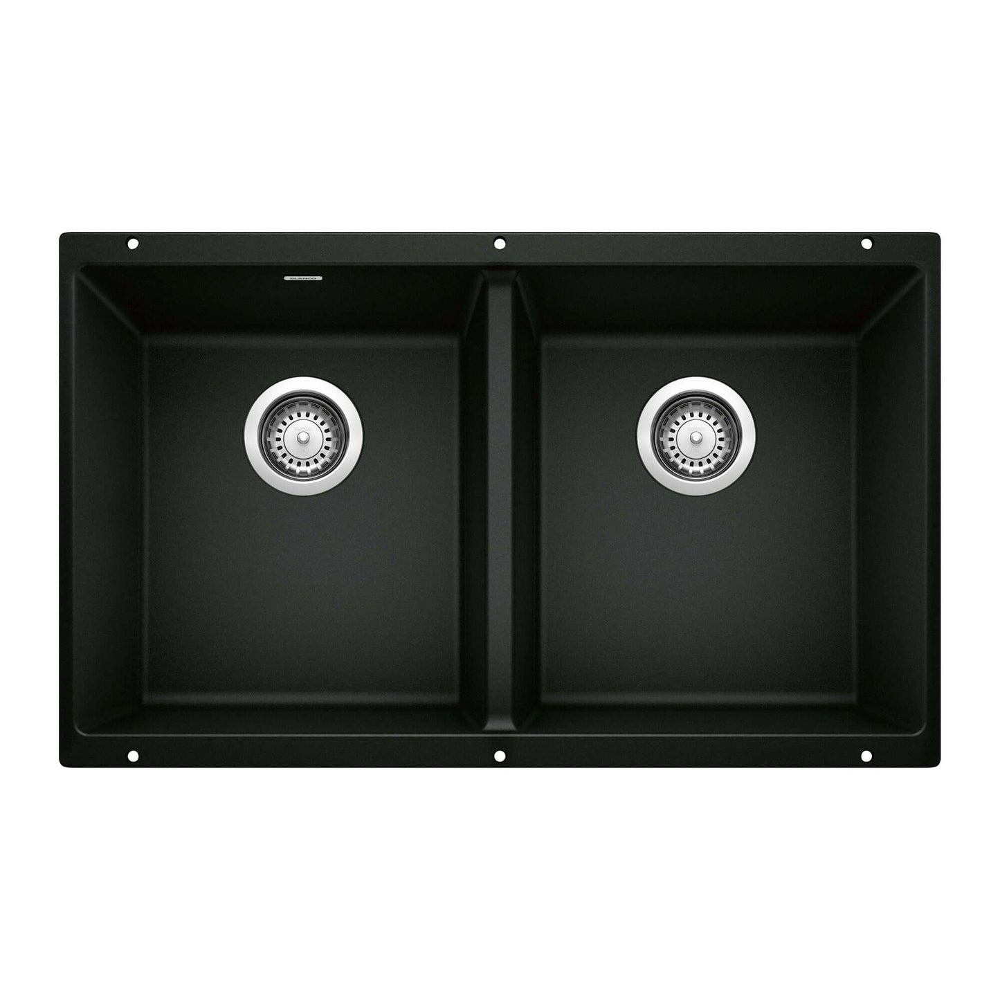 BLANCO Precis SILGRANIT 29" 50/50 Double Bowl Undermount Kitchen Sink in Coal Black with dual drains