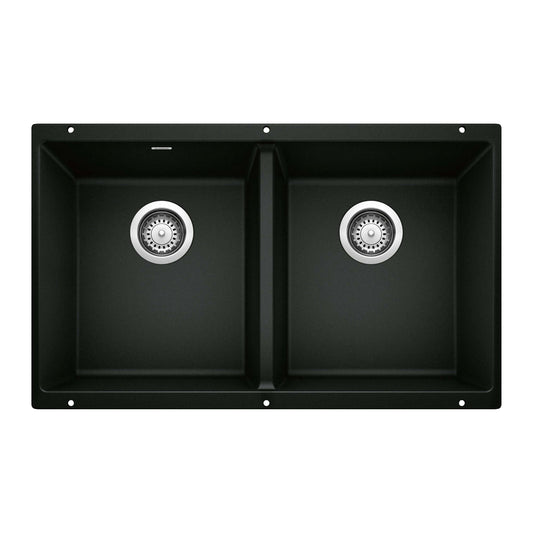 BLANCO Precis SILGRANIT 29" 50/50 Double Bowl Undermount Kitchen Sink in Coal Black with dual drains