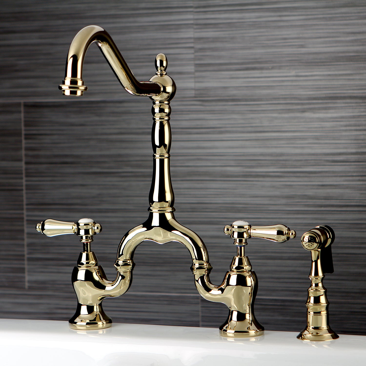 Kingston KS7753BALBS Heirloom Bridge Kitchen Faucet with Brass Sprayer, Antique Brass