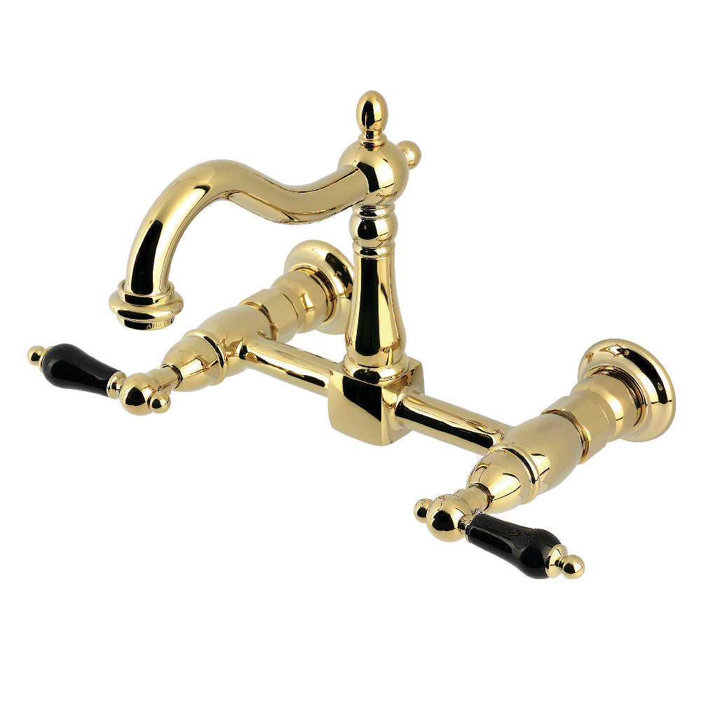 Kingston KS1263PKL Duchess Two-Handle Wall Mount Bridge Kitchen Faucet, Antique Brass with black porcelain handles.