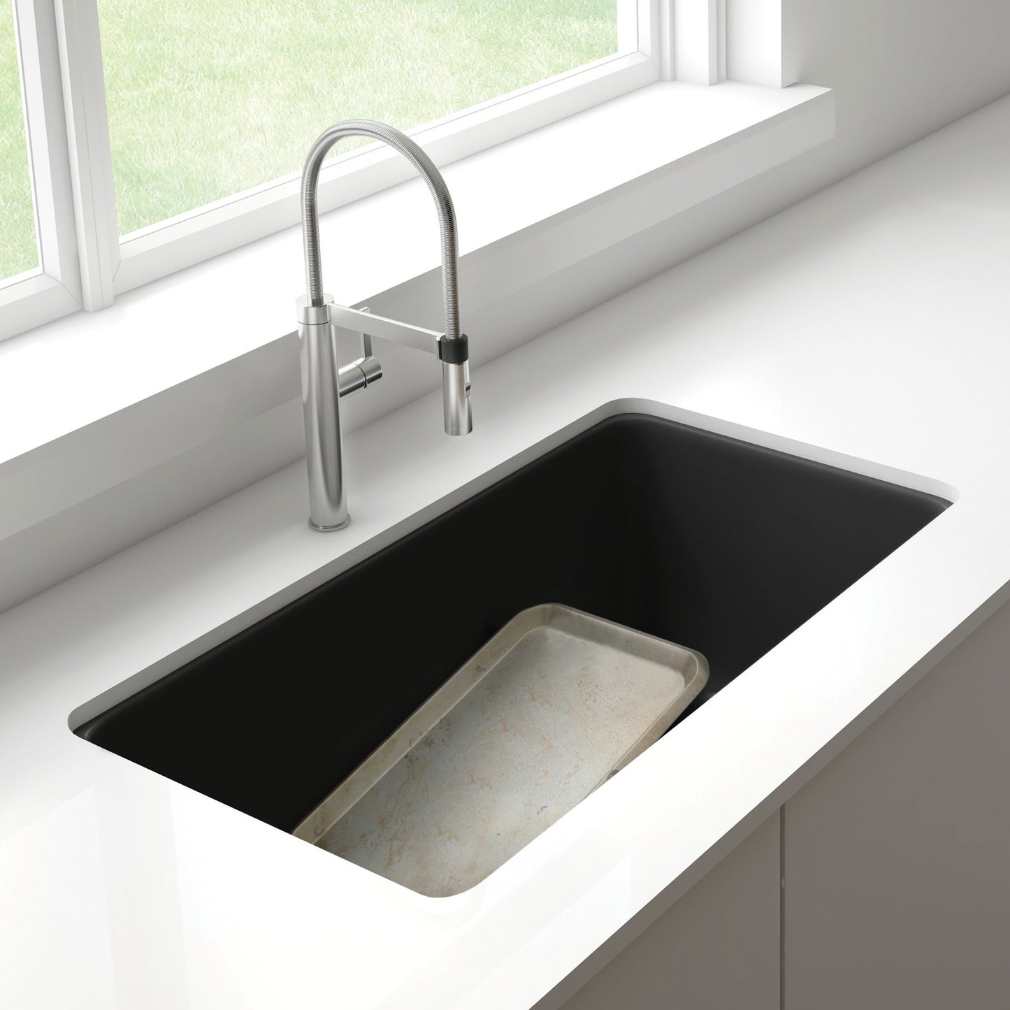 BLANCO Precis SILGRANIT 33" 60/40 Reversible Double Bowl Undermount Kitchen Sink with Low Divide in modern kitchen design.