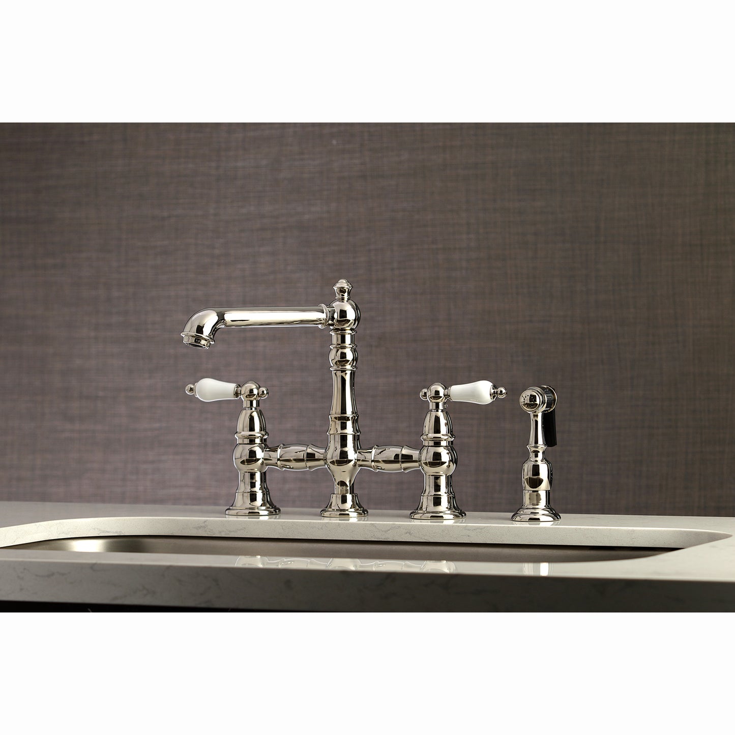 Kingston KS7278PLBS English Country Bridge Kitchen Faucet with Brass Sprayer, Brushed Nickel