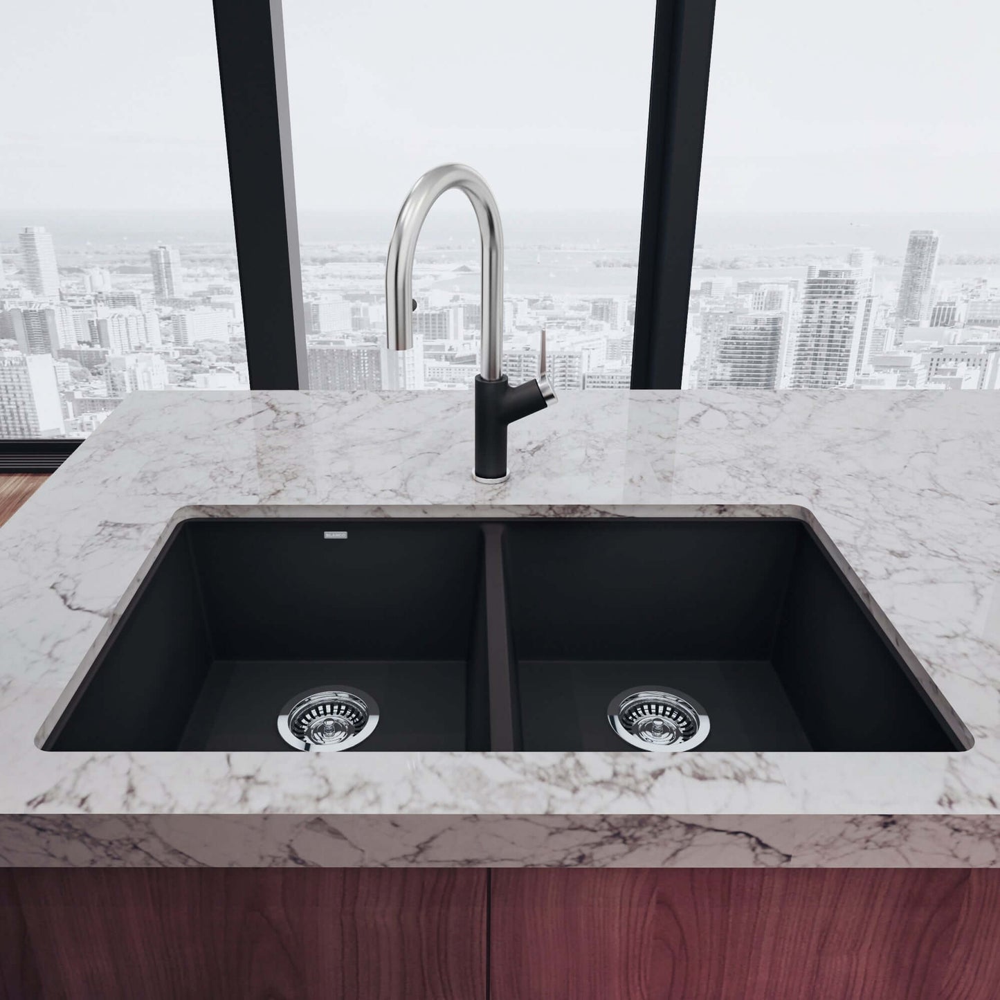 BLANCO Precis SILGRANIT 29" 50/50 Double Bowl Undermount Kitchen Sink with sleek black bowls and modern faucet on marble countertop.