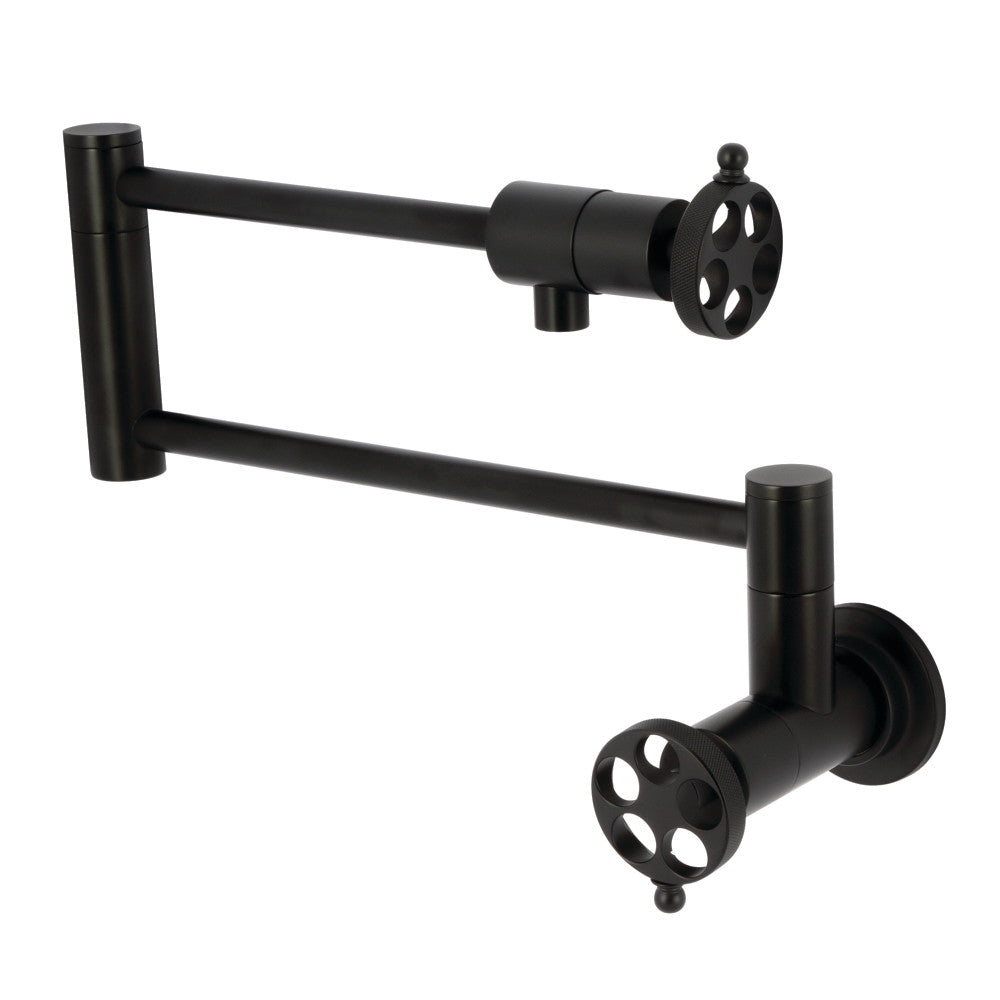 Kingston Brass KS4103RKZ Wendell Wall Mount Pot Filler Faucet with Knurled Handle, Antique Brass, shown in matte black finish.