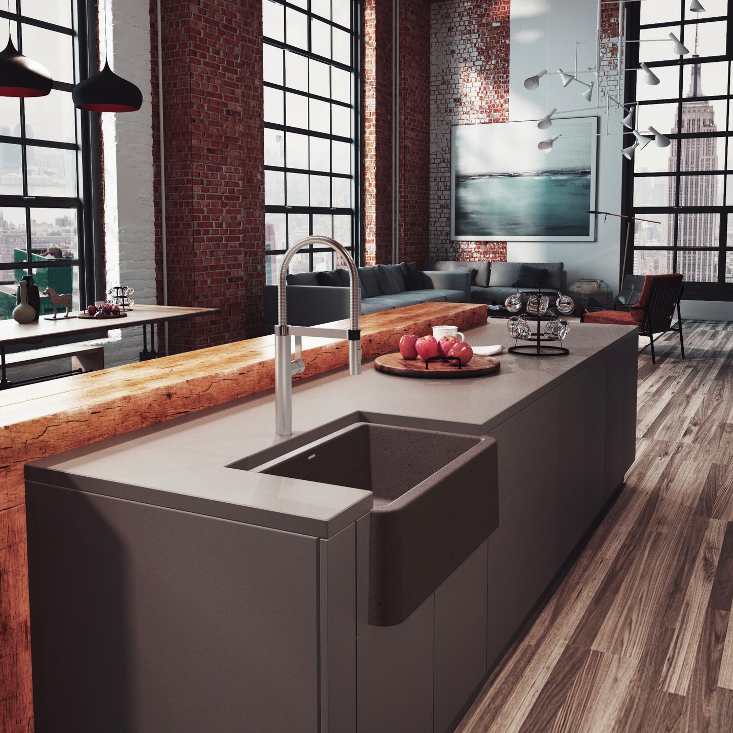 BLANCO Ikon SILGRANIT 30" Single Bowl Apron-Front Farmhouse Sink in a modern kitchen setting with industrial design.