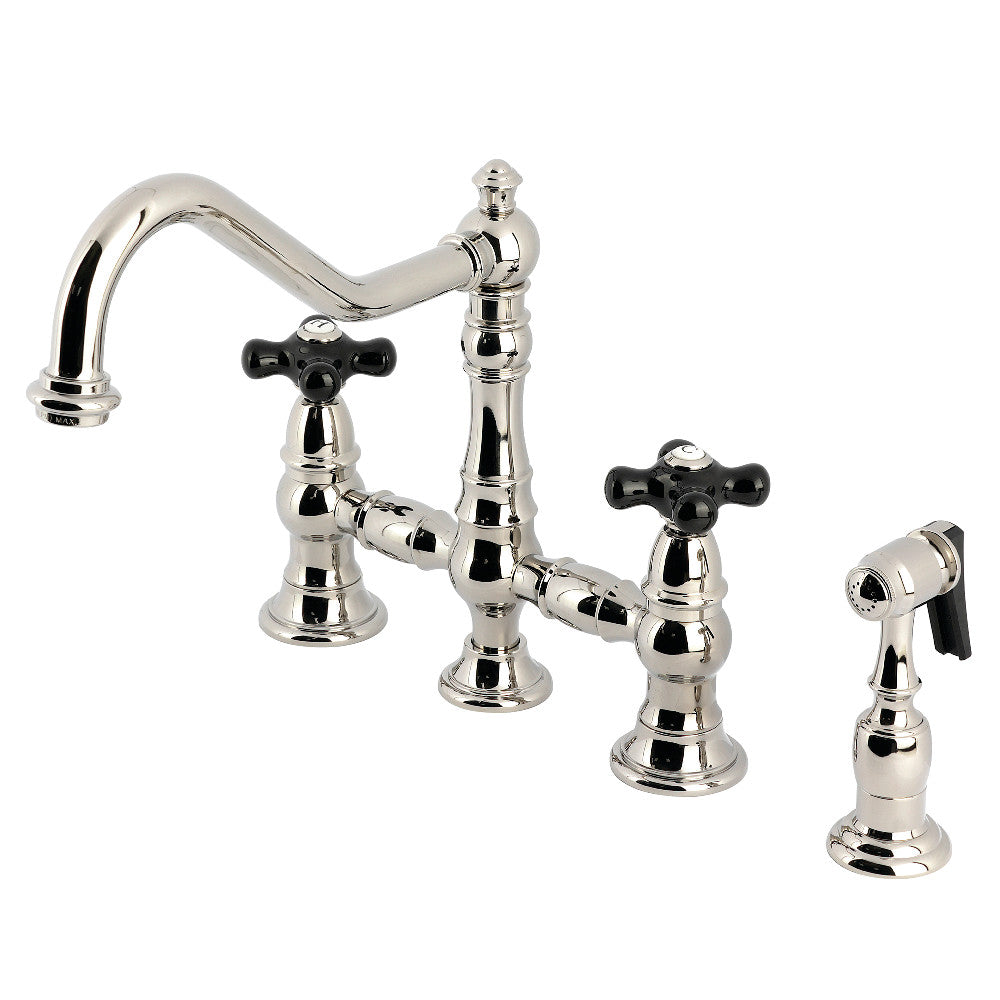 Kingston KS3277PKXBS Duchess Bridge Kitchen Faucet with Brass Sprayer, Brushed Brass in polished nickel finish
