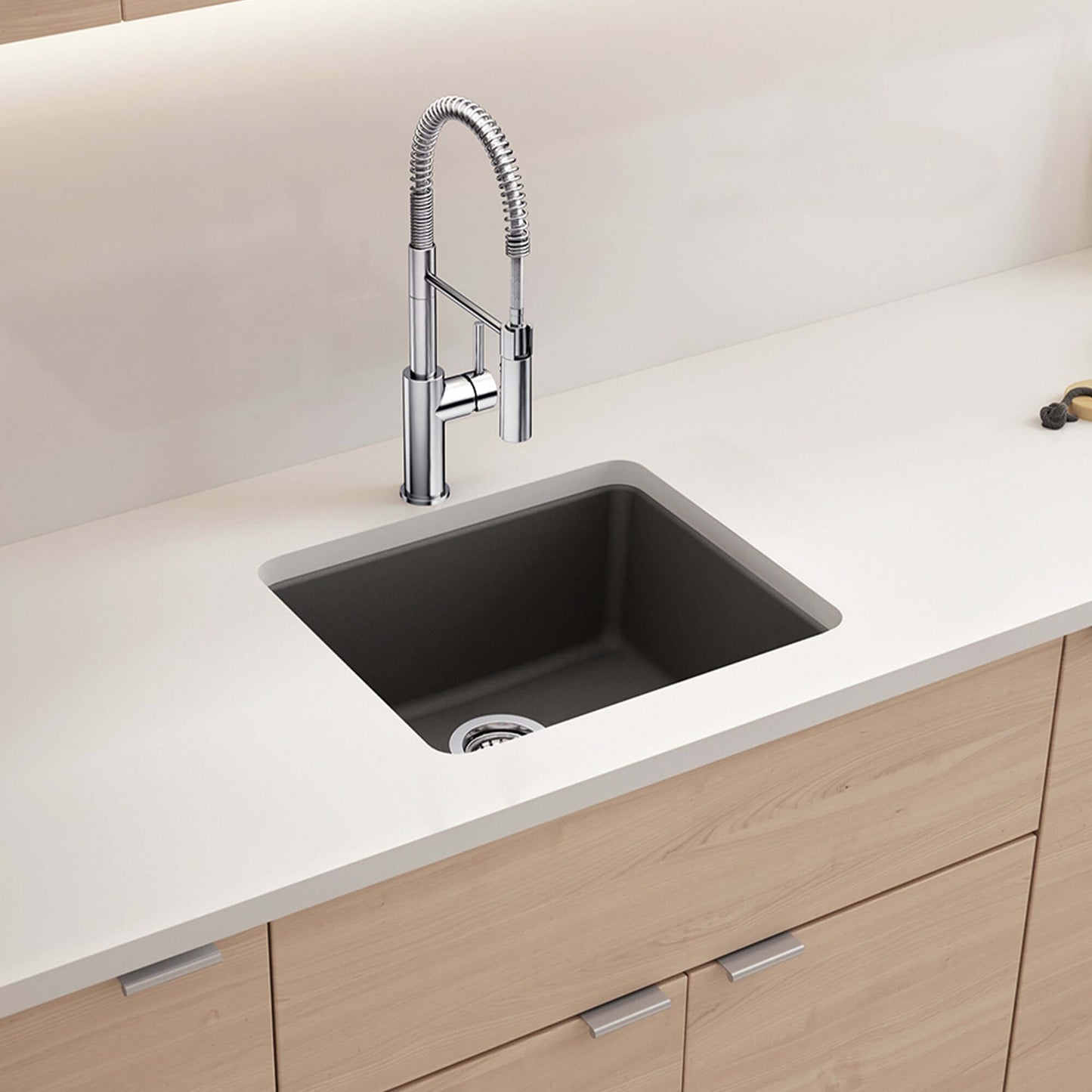 BLANCO Liven SILGRANIT 21" Single Bowl Dual Mount Kitchen Sink with modern faucet in a minimalist kitchen setting.