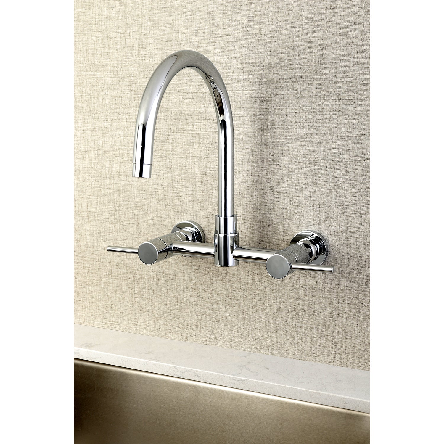 Kingston Brass KS8178DL Concord Wall Mount Bridge Kitchen Faucet with high-arc gooseneck design and chrome finish.