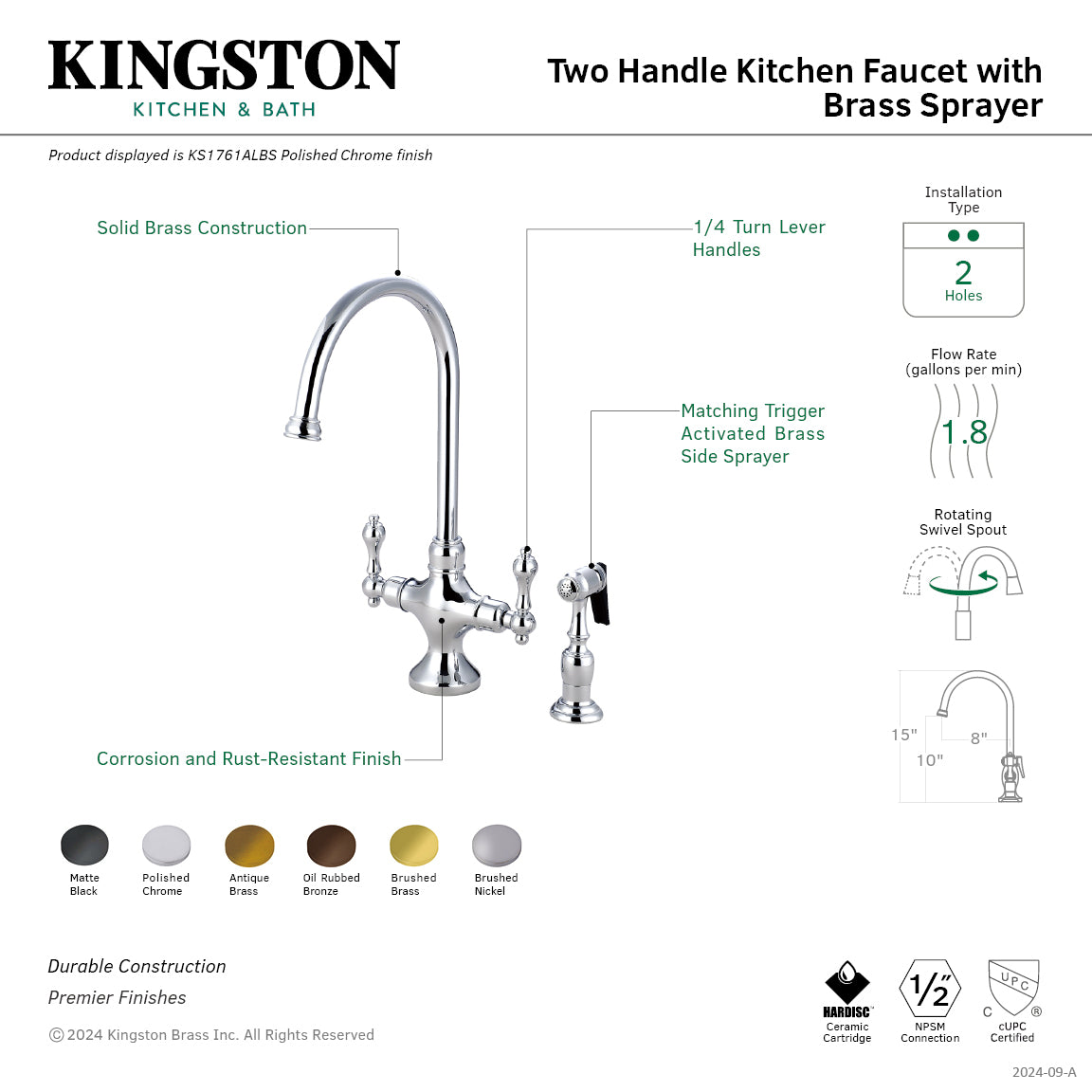 Kingston Brass KS1763ALBS Vintage Two-Handle Single-Hole Kitchen Faucet with Brass Sprayer, Antique Brass