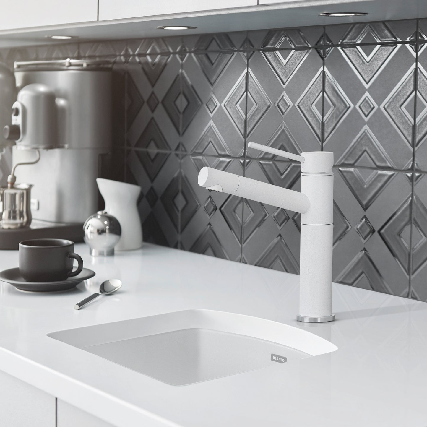 BLANCO Diamond SILGRANIT 15" Dual Mount Bar Sink with modern faucet and stylish backsplash in kitchen.