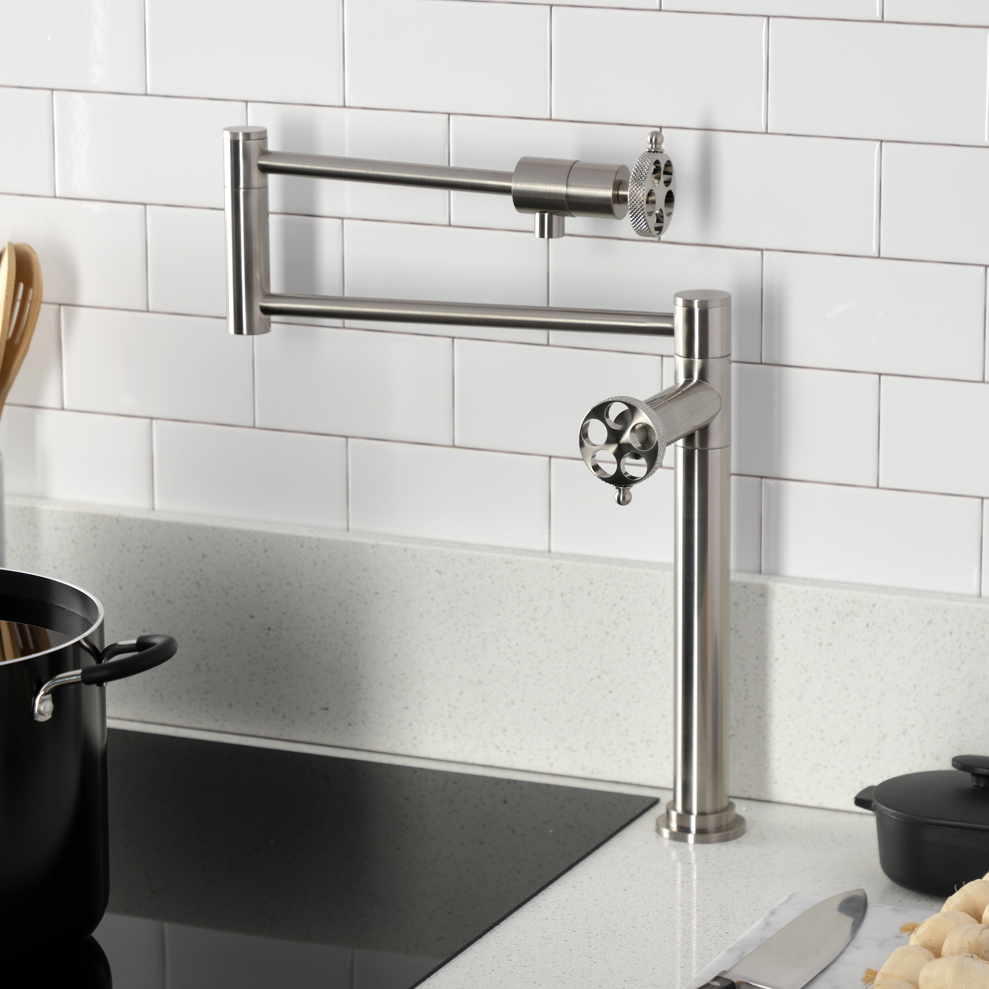 Kingston Brass KS4703RKX Webb Deck Mount Pot Filler Faucet with Knurled Handle, Antique Brass in kitchen setting