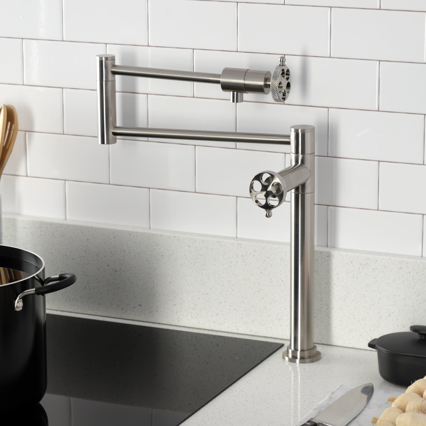 Kingston Brass KS4703RKX Webb Deck Mount Pot Filler Faucet with Knurled Handle, Antique Brass in kitchen setting