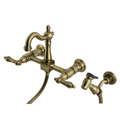 Kingston KS2443ALBS Heritage Two-Handle Wall Mount Bridge Kitchen Faucet with Brass Sprayer, Antique Brass