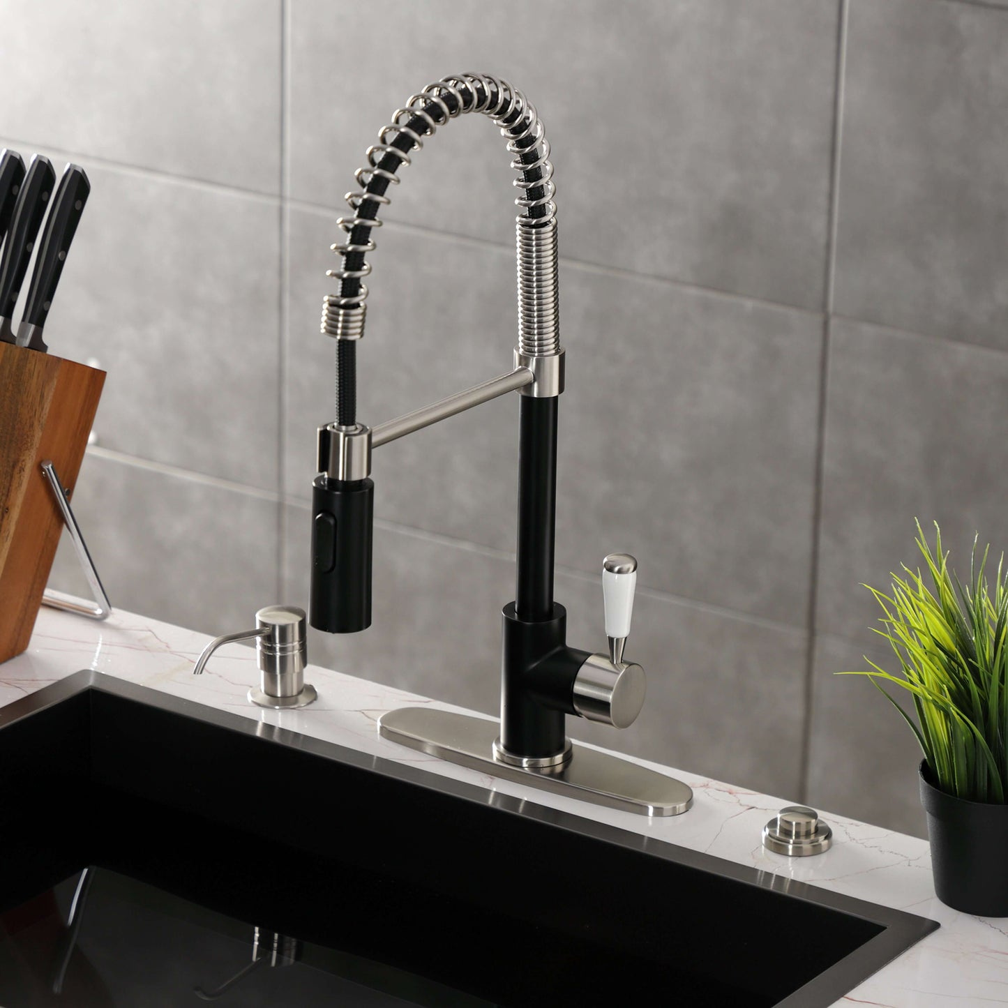 Gourmetier LS8778DPL Paris Single-Handle Deck-Mount Pre-Rinse Kitchen Faucet, Brushed Nickel in black and chrome finish, top view.