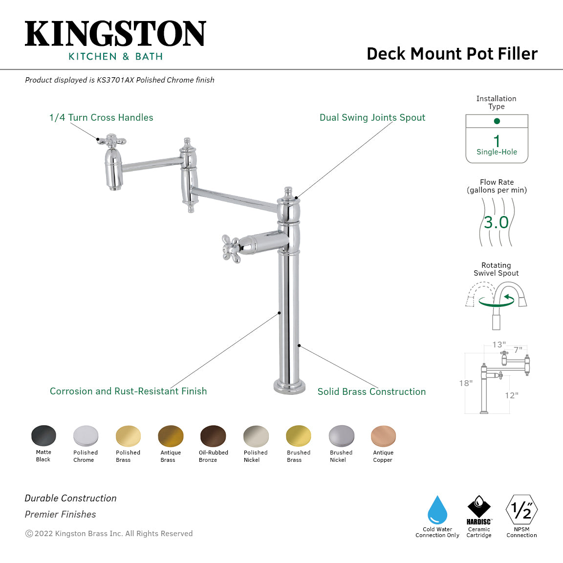 Kingston Brass KS3703AX Restoration Deck Mount Pot Filler Faucet, Antique Brass with cross handles and dual swing spout