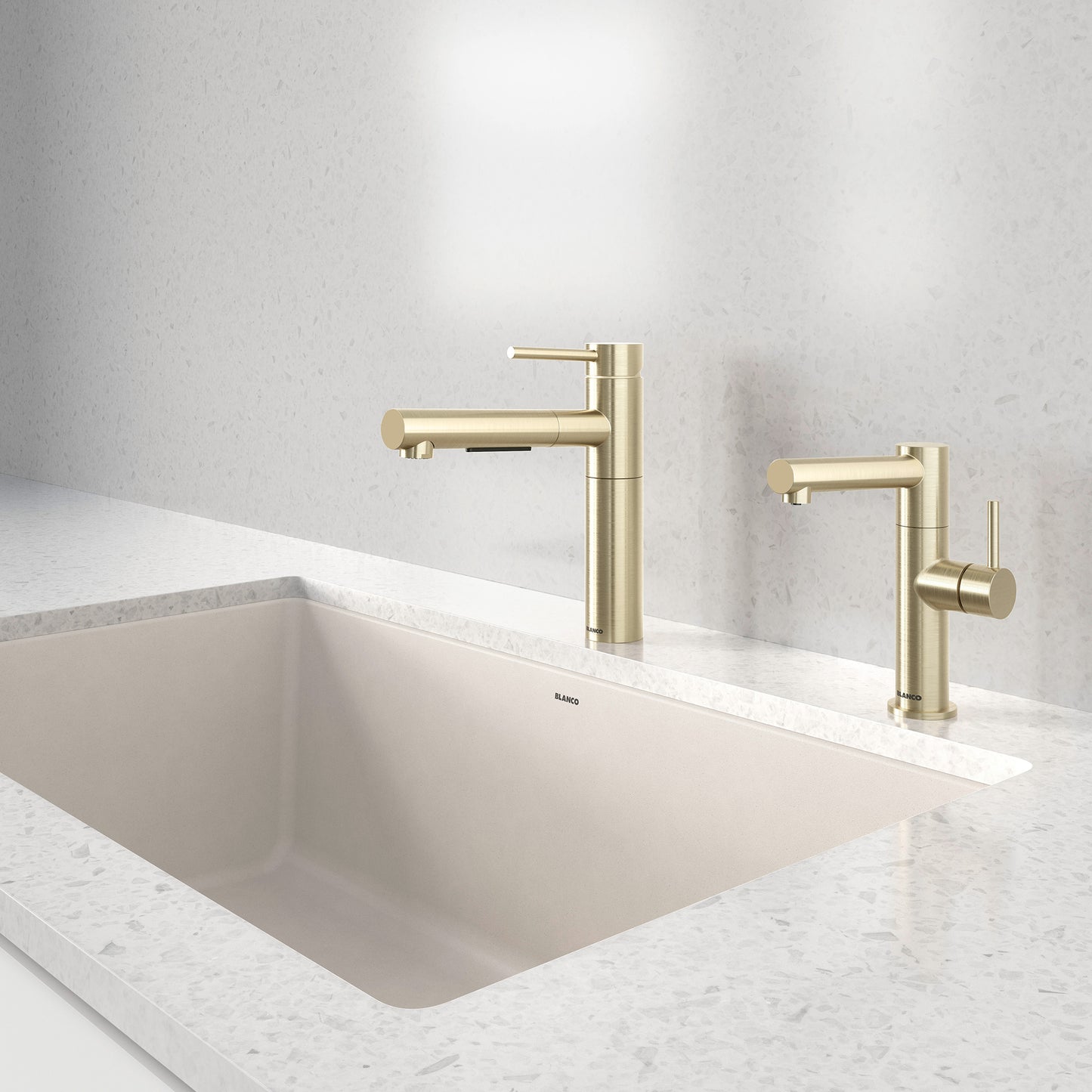 BLANCO Precis SILGRANIT 30" Single Bowl Undermount Kitchen Sink with gold faucets on a marble countertop.