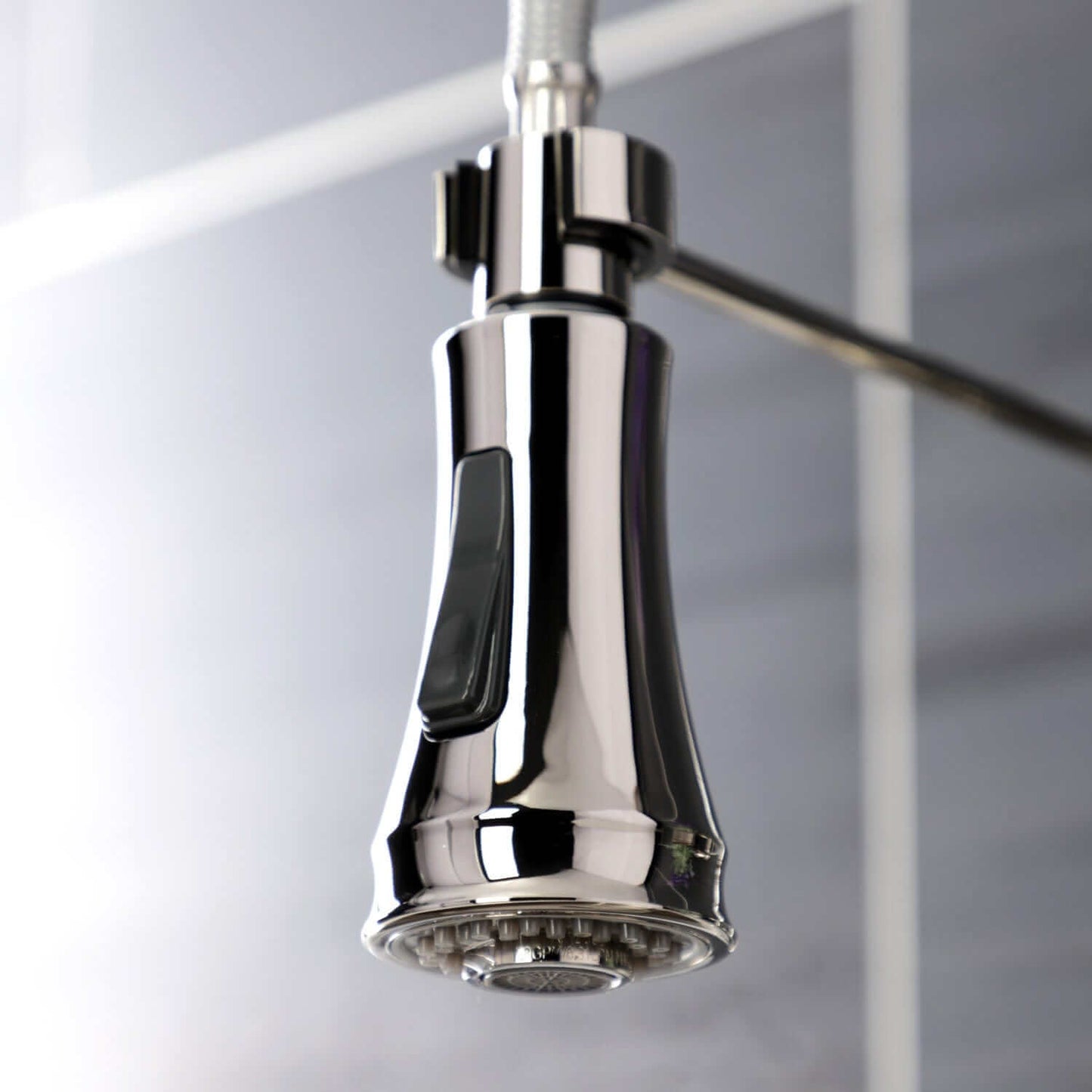 KINGSTON Brass Gourmetier Heritage Two-Handle Kitchen Faucet - Polished Nickel pull-down sprayer head