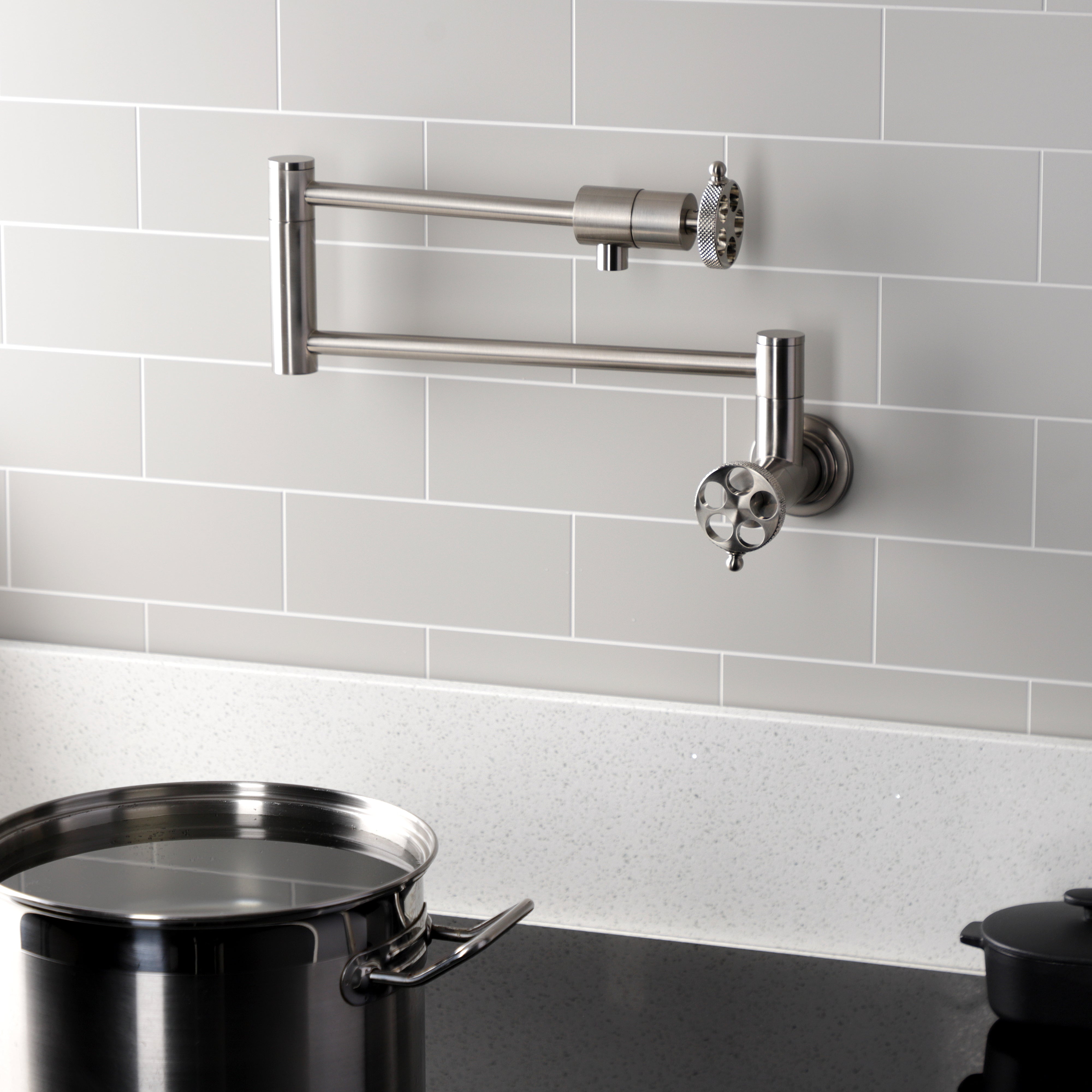 Kingston Brass KS4103RKX Webb Wall Mount Pot Filler Faucet with Knurled Handle, Antique Brass on kitchen wall
