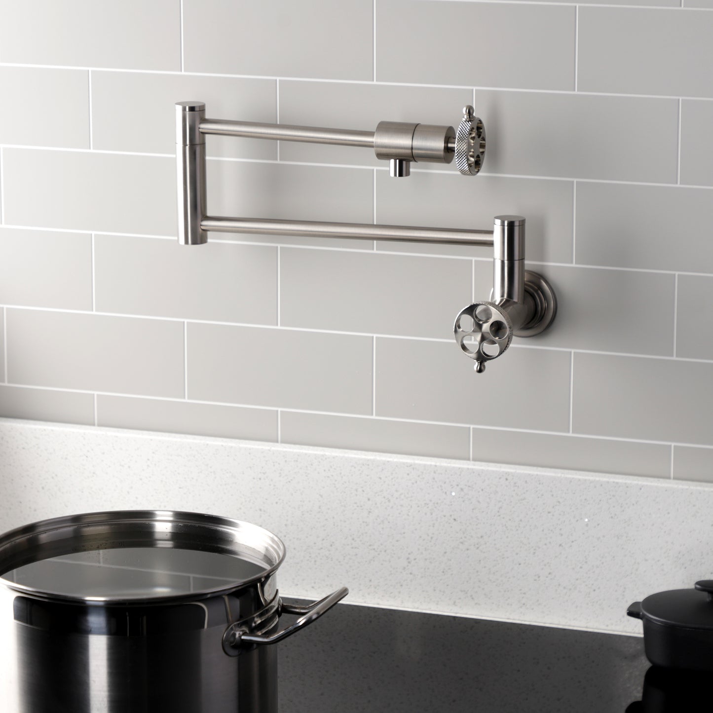 Kingston Brass KS4103RKX Webb Wall Mount Pot Filler Faucet with Knurled Handle, Antique Brass on kitchen wall