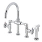 Kingston KS2334CG Fuller Industrial Style Bridge Kitchen Faucet with Brass Sprayer, Black Stainless in polished chrome finish.