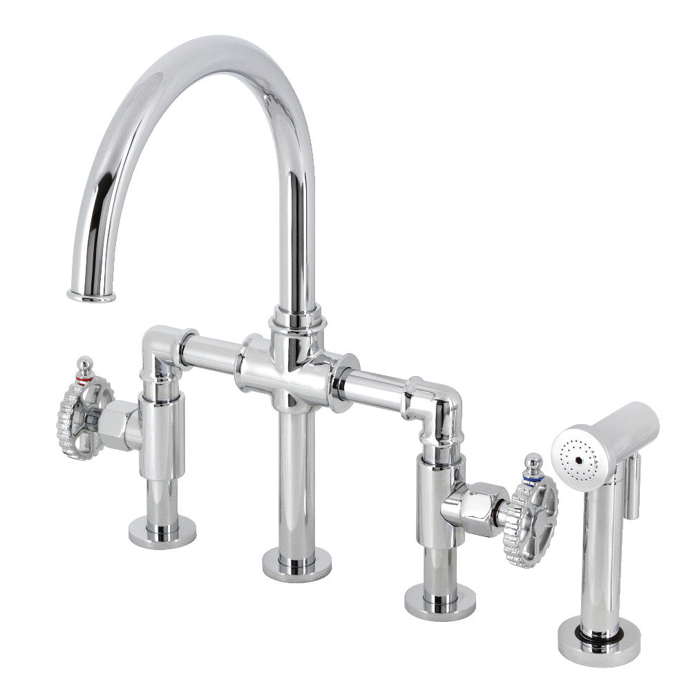Kingston KS2334CG Fuller Industrial Style Bridge Kitchen Faucet with Brass Sprayer, Black Stainless in polished chrome finish.