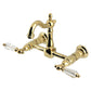 Kingston KS2443WLL Willshire Two-Handle Wall Mount Bridge Kitchen Faucet, Antique Brass with polished brass finish.