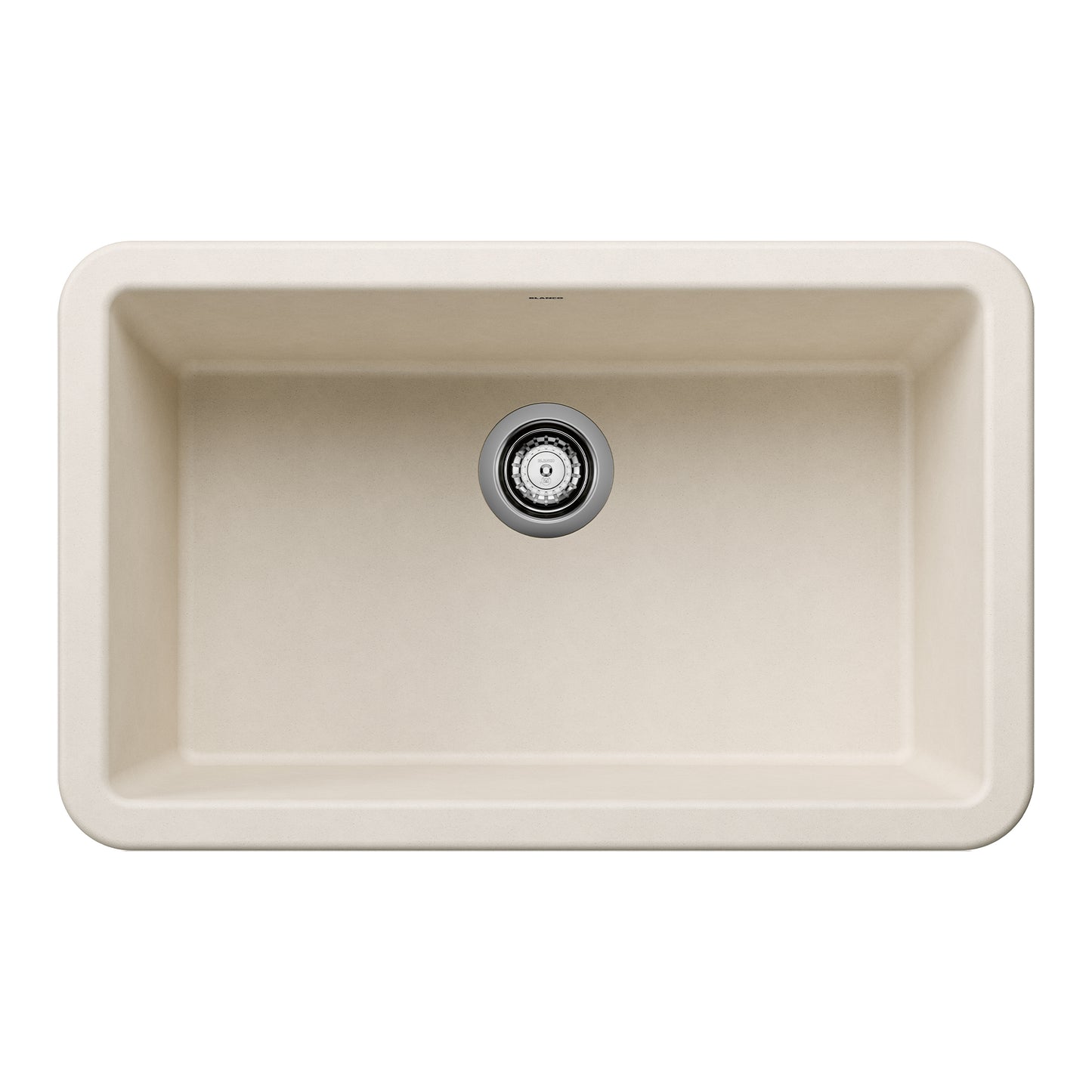 BLANCO Ikon SILGRANIT 30" Single Bowl Apron-Front Farmhouse Sink top view with drain.