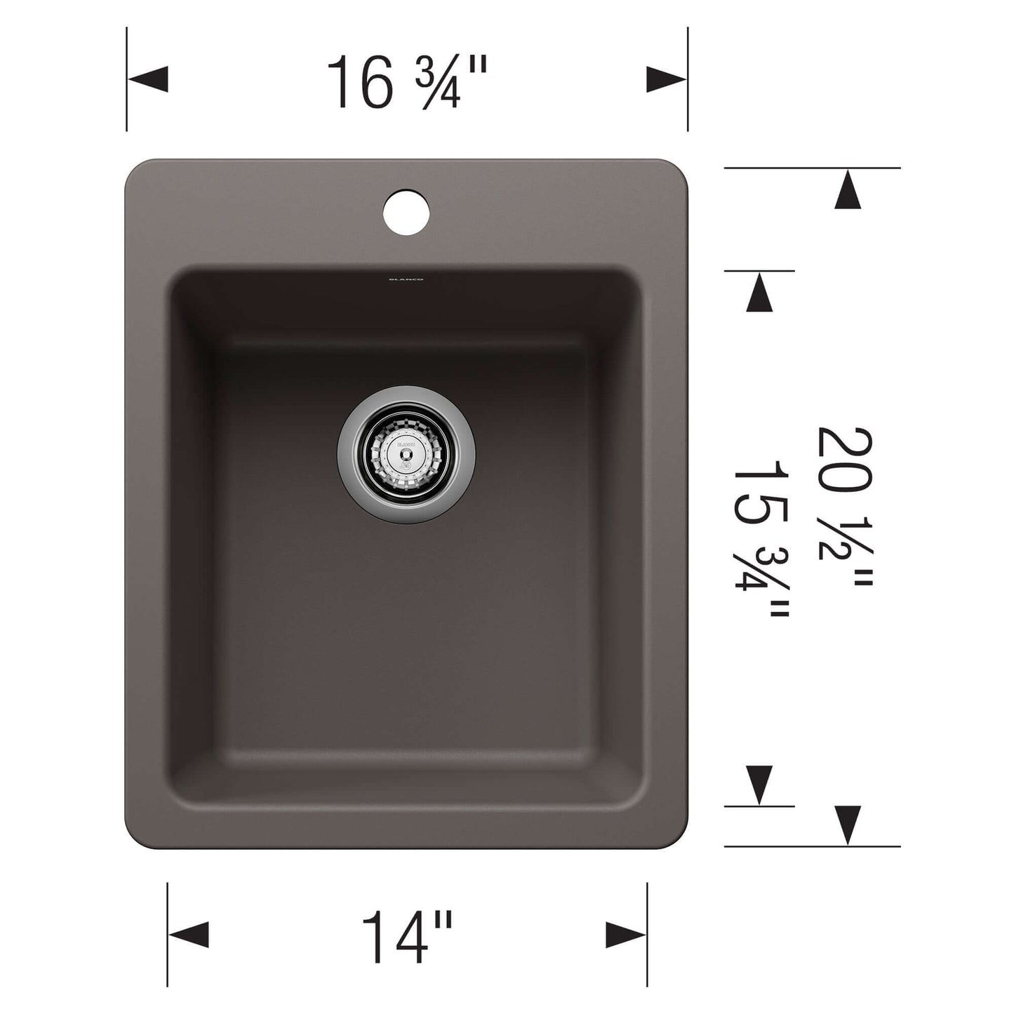 BLANCO Liven SILGRANIT 17" Dual Mount Bar Sink dimensions diagram showing size specifications.