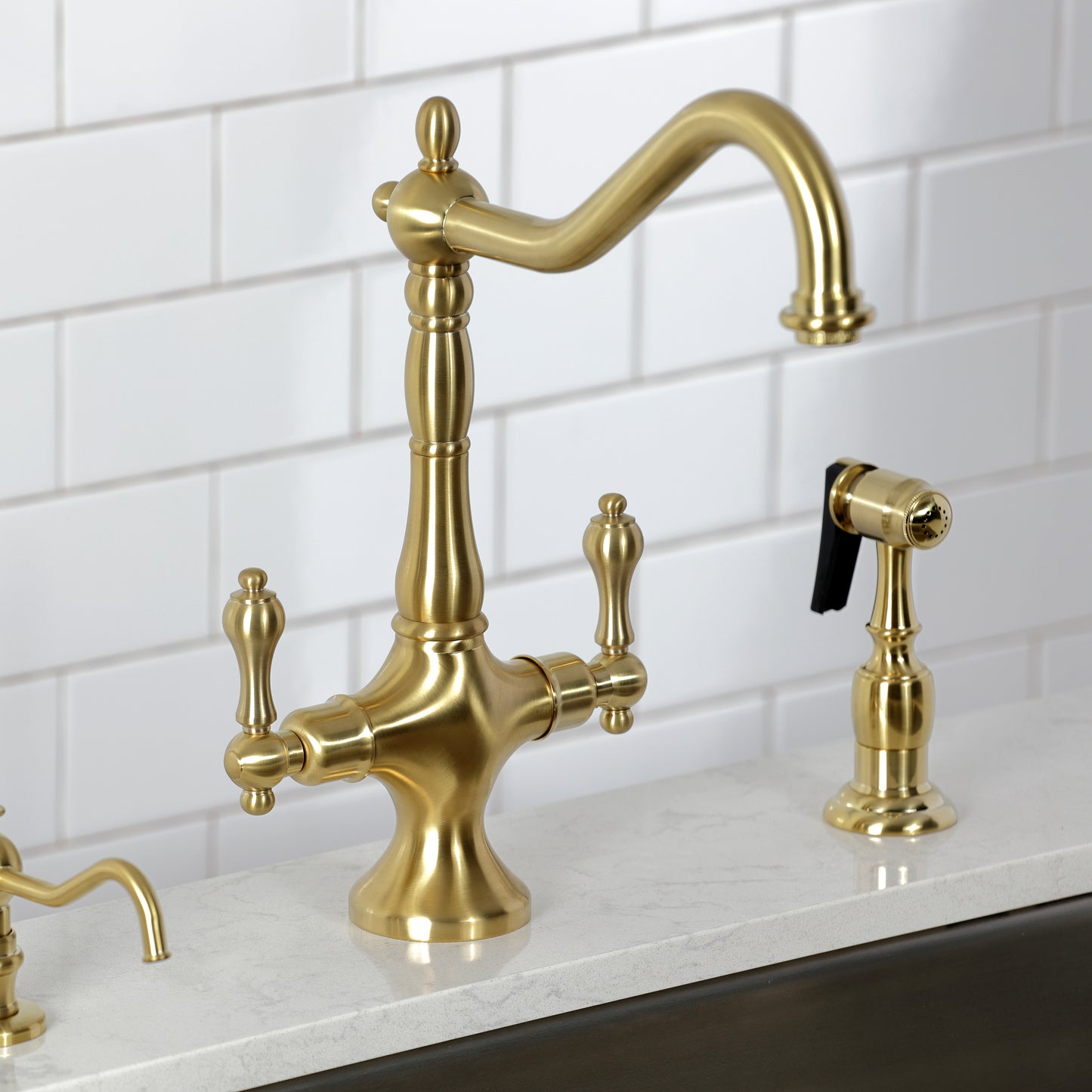 Kingston Brass KS1773ALBS Heritage Two-Handle Single-Hole Kitchen Faucet with Brass Sprayer, Antique Brass