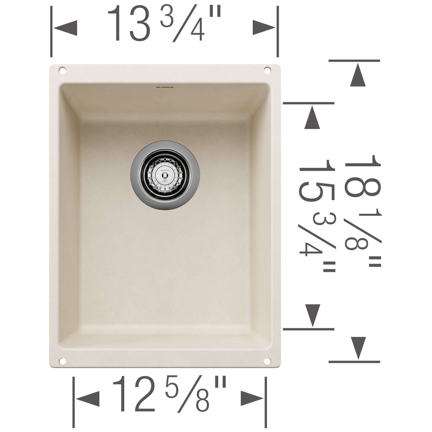 BLANCO Precis SILGRANIT 13" Undermount Bar Sink dimensions diagram with measurements labeled.