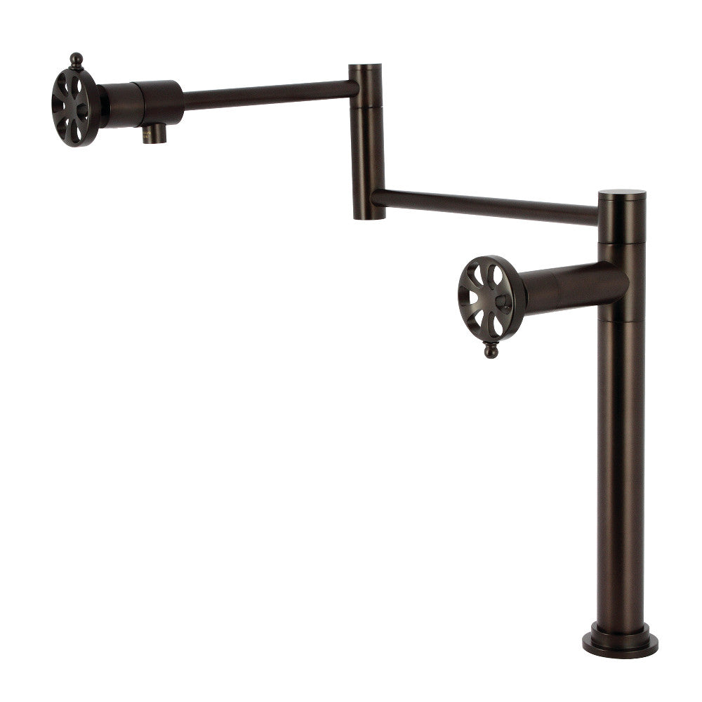 Kingston Brass KS4708RX Belknap Deck Mount Pot Filler Faucet, Brushed Nickel, featured view with foldable swing arms.