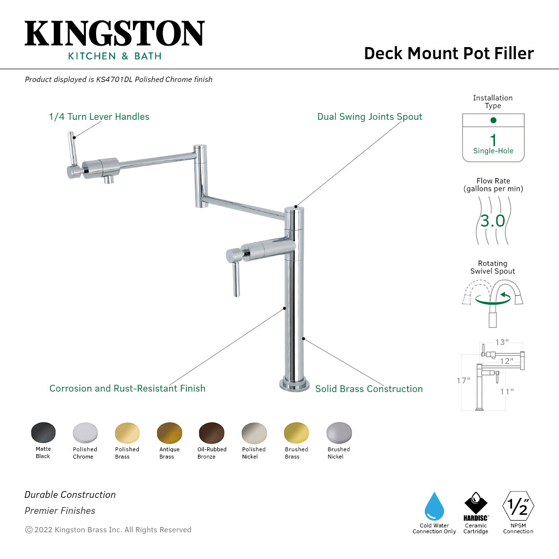 Kingston Brass KS4703DL Concord Deck Mount Pot Filler Faucet, Antique Brass with dual swing spout and lever handles.