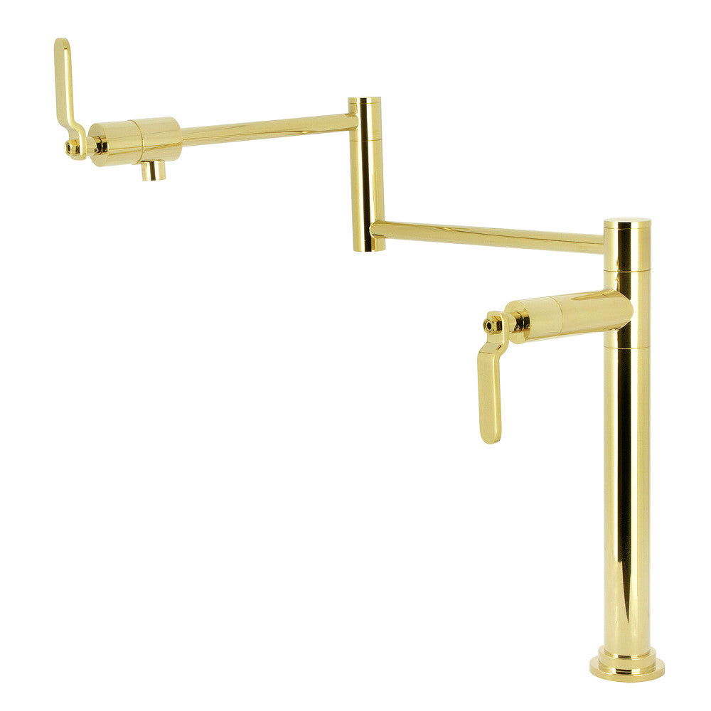 Kingston Brass KS4703KL Whitaker Deck Mount Pot Filler Faucet, Antique Brass, featuring foldable swing arms for easy use.