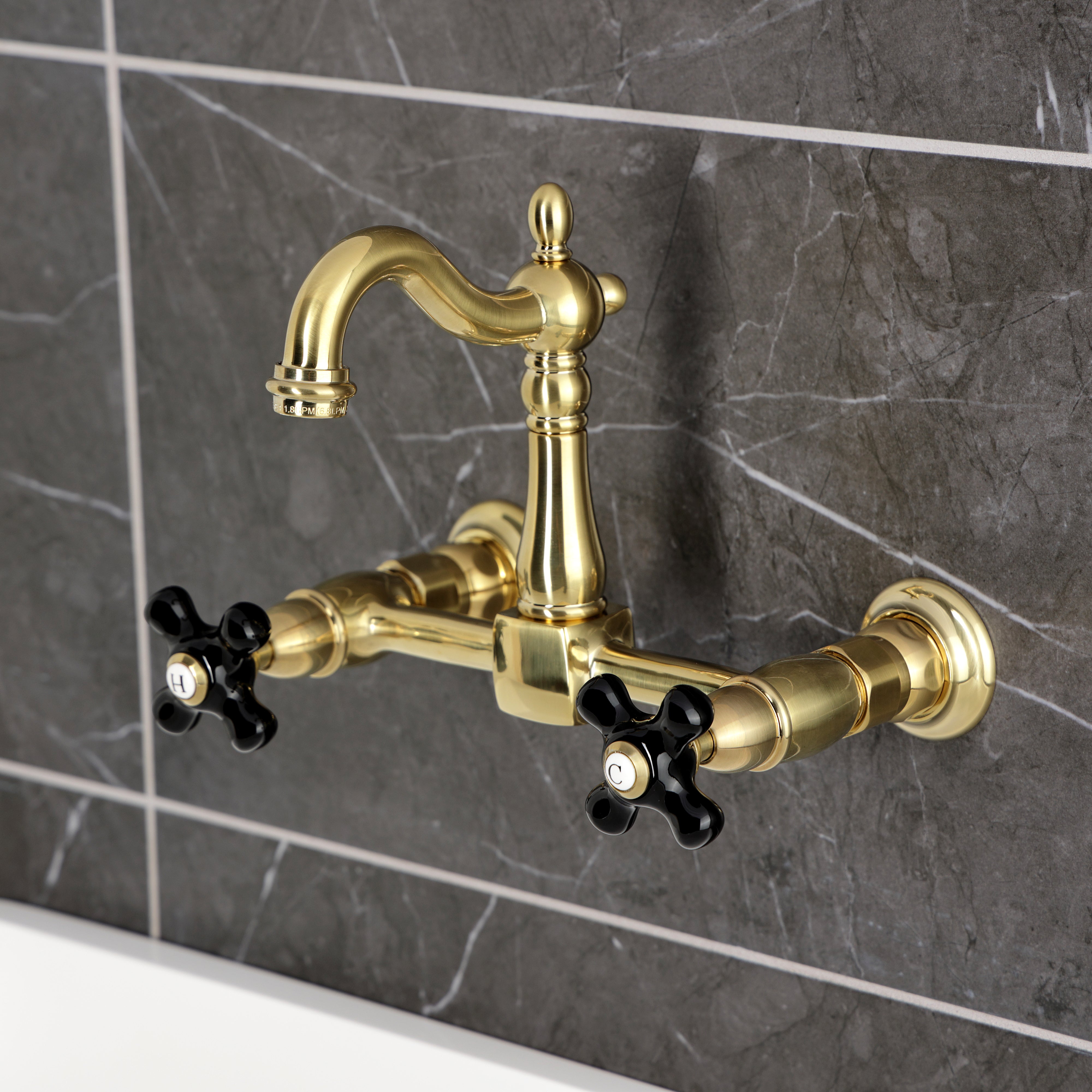 Kingston KS2443PKX Duchess Two-Handle Wall Mount Bridge Kitchen Faucet, Antique Brass
